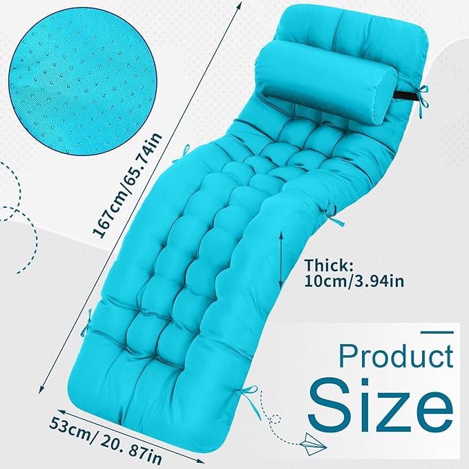 Tudomro 1 Pcs Peacock Blue 66'' Outdoor Chaise Lounge Cushion Waterproof Patio Lawn Pool Chaise Lounge Cushion with Headrest Pillow & Ties Weather Fade Resistant Replacement Longue Chair Pad