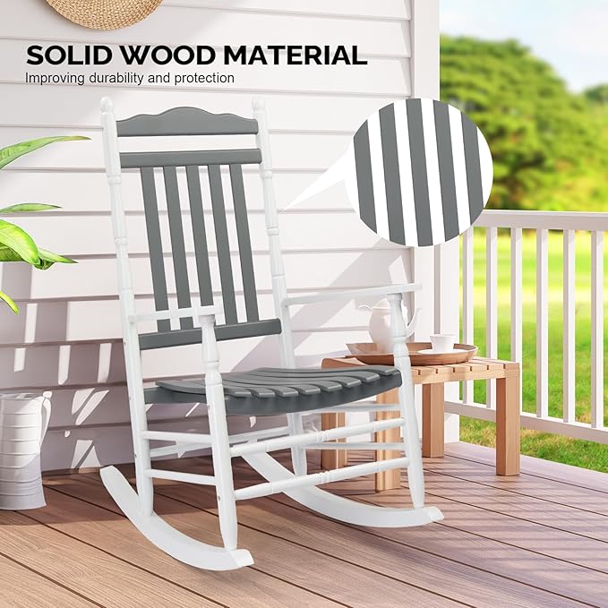 VINGLI Wooden Rocking Chair Outdoor, Patio Rockers with High Back, Support 450 LBS Rocking Chairs, for Porch, Patio, Balcony, Garden, Yard (White&Grey, 2 PCS)