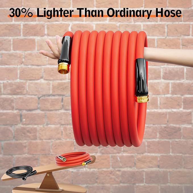 5/8" Hot/Cold Garden Water Hose 75ft, -50℉ to 190℉, Flexible & Lightweight, Heavy Duty Rubber Pipe with 3/4" Brass Fittings for All-weather Outdoor, Yard, Farm, Red