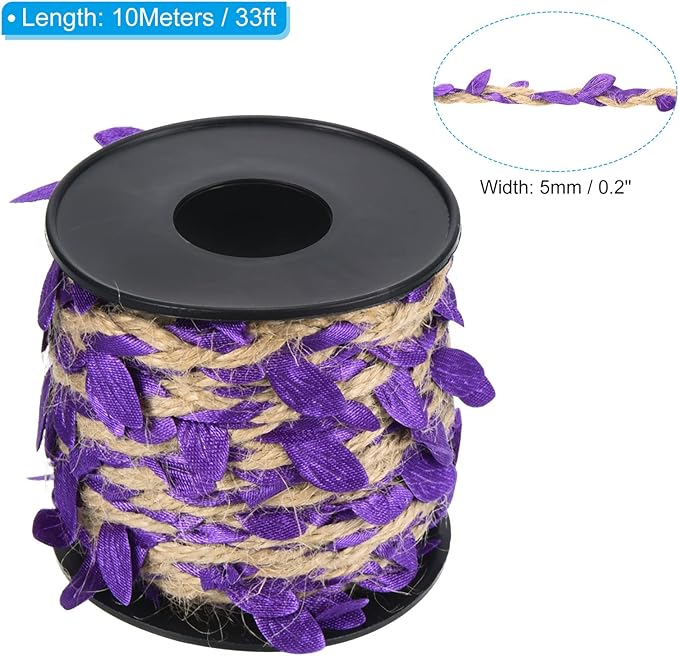PATIKIL 33ft 5mm Burlap Leaf Ribbon, Braided Decoration Vine Natural Jute Rope Twine with Artificial Leaves for Jungle Wedding Party Home Garden Decor, Purple