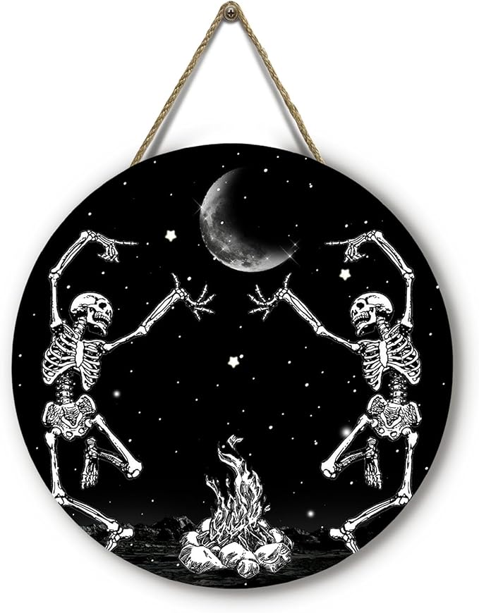 Skull Halloween Front Door Sign Dancing Skeleton Door Hanger Sacry Moon Night Holiday Decor for Porch Halloween Home Party Accessories