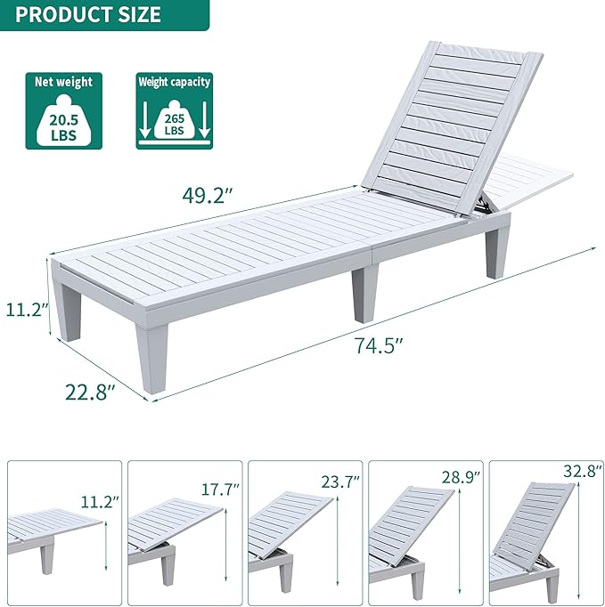 YITAHOME Outdoor Chaise Lounge Chairs Set of 4 with Adjustable Backrest, Sturdy Loungers for Patio & Poolside, Easy Assembly & Waterproof & Lightweight with 265lbs Weight Capacity, Grayish-White