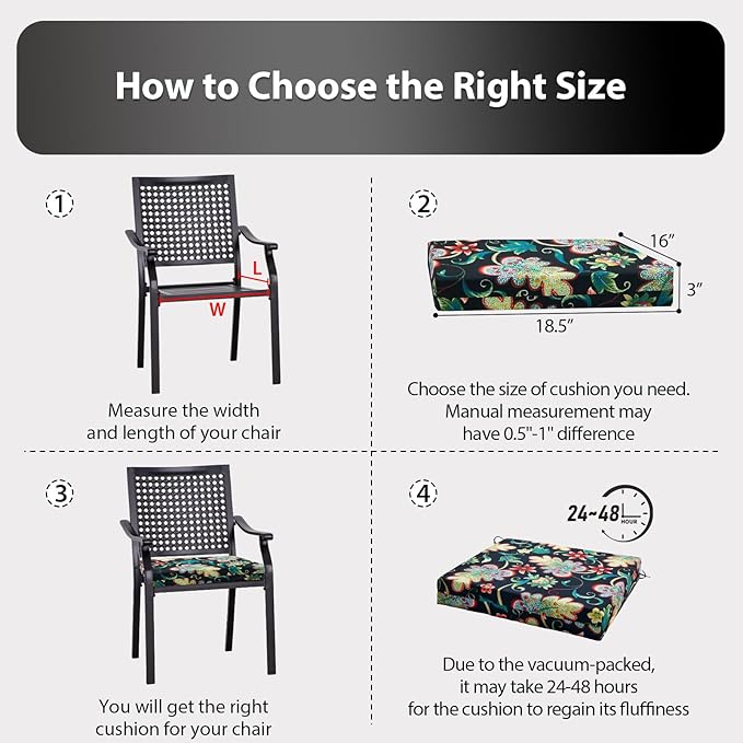 Outdoor Chair Cushions Set of 6, 18.5 x 16 Inch Patio Chair Cushions for Outdoor Furniture, Water Resistant, Non-Slip Ties (Black Floral)