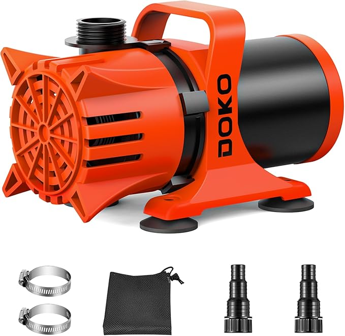 DOKO 1800GPH Submersible Water Pump, 180° Ajustable Pond Pump with 20FT Power Cord 100W Ultra Quiet Aquarium Pump for Pond, Fountain, Waterfall, Fish Tank, Hydroponic, Statuary, Orange Black