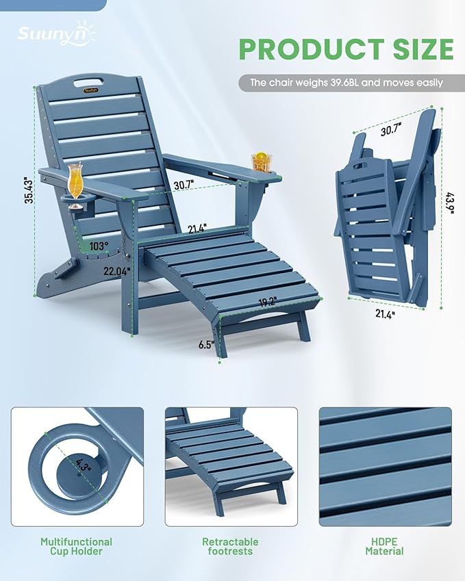 Folding Adirondack Chairs Set of 6,Adirondack Chair with Retractable Ottoman,Plastic Adirondack Chairs with 2 Cup Holder,Weather Resistant Patio Chair,Outdoor Chairs Set of 6(Navy Blue)