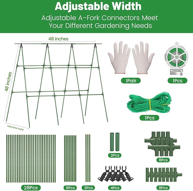 Cucumber Trellis for Raised Bed, 48" x 48" A-Frame PE-Coated Metal Trellis for Climbing Plants Outdoor, Garden Trellis for Vegetables with Climbing Net and Plant Support Clip for Tomato, Grape