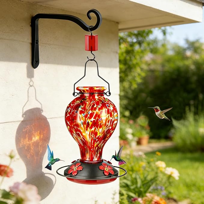 Hand Blown Glass Hummingbird Feeders for Outdoors Hanging, 24oz Wild Bird Nectar Feeder with Ant Moat and Perch, Bee-Resistant Ports, Garden Decor, Gifts for Women Mom, 1 Pack, Red Polka Dots