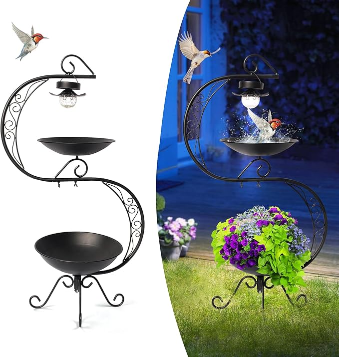 HONGLAND Bird Baths for Outside with Solar Lights, 36" Black Metal Birdbaths for Outdoors, Antique Bird Feeders with Flower Planter Pedestal for Garden, Yard, Patio Decor