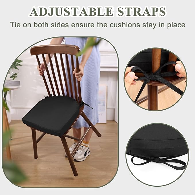 Topotdor Outdoor Chair Cushions Set of 4, 17"x16"x2" Patio Chair Cushions for Outdoor Furniture, Round Corner Outdoor Seat Chair Pads with Ties for Patio Garden Dining Office, Black