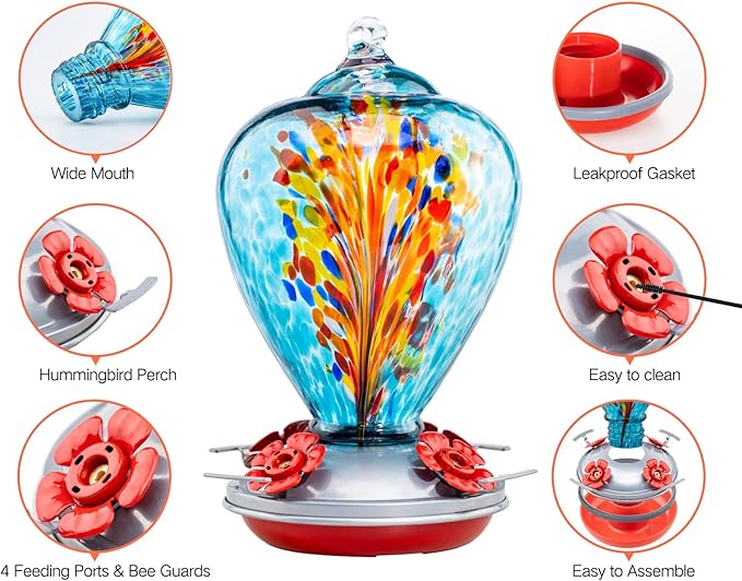 Muse Garden Hummingbird Feeders for Outdoors Hanging, Blown Glass Hummingbird Feeder Gifts for Women, Garden Decor Backyard Decor, Unique Gardening Gifts for Older Women, 34OZ, Comet