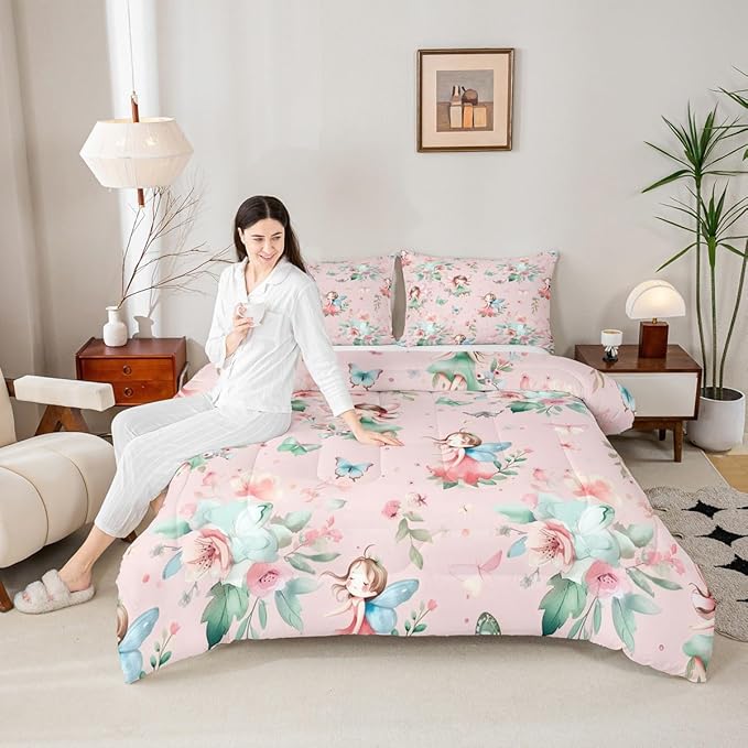 Erosebridal Fairy Garden Full Comforter Set - Butterfly & Floral Bedding Sets for Girls Kids, Pink Green Flowers Fairies Bed Set | Aesthetic Flower Cute Room Decor with 2 Pillowcases