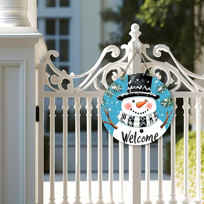 Winter Snowman Welcome Door Sign for Front Door Blue Snowman Snowflakes Wooden Door Hanger Holiday Hanging Porch Wall Sign Farmhouse Seasonal for Home Decorations 12 x 12 inch