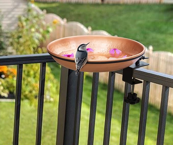 Monarch Abode Deck Mounted Bird Bath & Bird Feeder for Outdoors – Pure Copper Hand Hammered Birds Bath Bowl w/Detachable Iron Clamp, Birdfeeder and Birdbath for Outdoors Garden Backyard