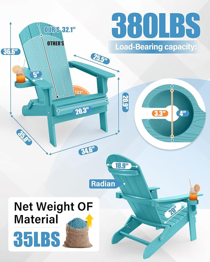 YEFU Adirondack Chair, Foldable Oversized Plastic Adirondack Chair Set of 4 with Cup Holder, Patio Chair with Weather Resistant for Outside Deck Lawn, Weight Capacity Up to 400 Lbs –Aruba