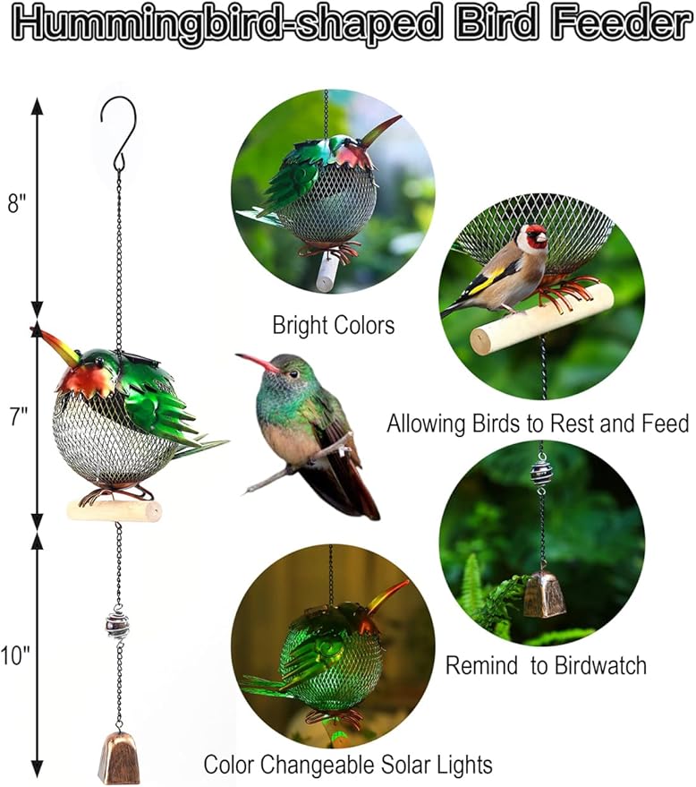 Metal Solar Bird Feeder,Squirrel-Proof Bird Feeders for Outside,Cute Animal Shaped (Hummingbird Shaped)