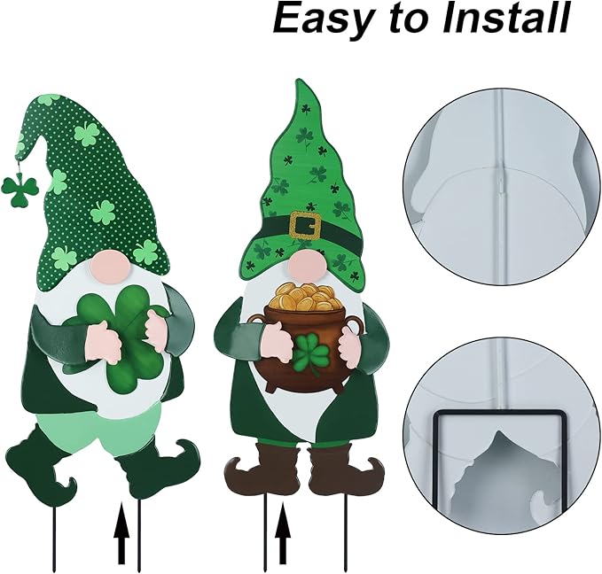 YEAHOME St Patricks Day Decorations Outdoor, 2 Pack Green Gnomes Decorative Garden Stakes for St Patricks Day Decor, Metal Yard Signs for The Home Garden Lawn Patio Decorations