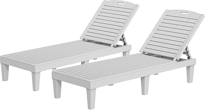 YITAHOME Outdoor Chaise Lounge Chair, Plastic Pool Chaise Lounge with 5-Position Backrest, Easy Assembly & Waterproof for Patio & Poolside, Set of 2, Grayish-White