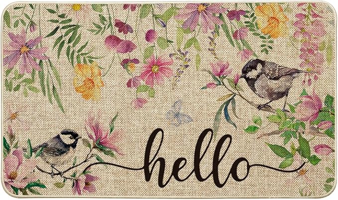 Artoid Mode Bird Flowers Hello Spring Doormat, Home Summer Decor Low-Profile Switch Rug Door Mat Floor Mat for Indoor Outdoor 17x29 Inch