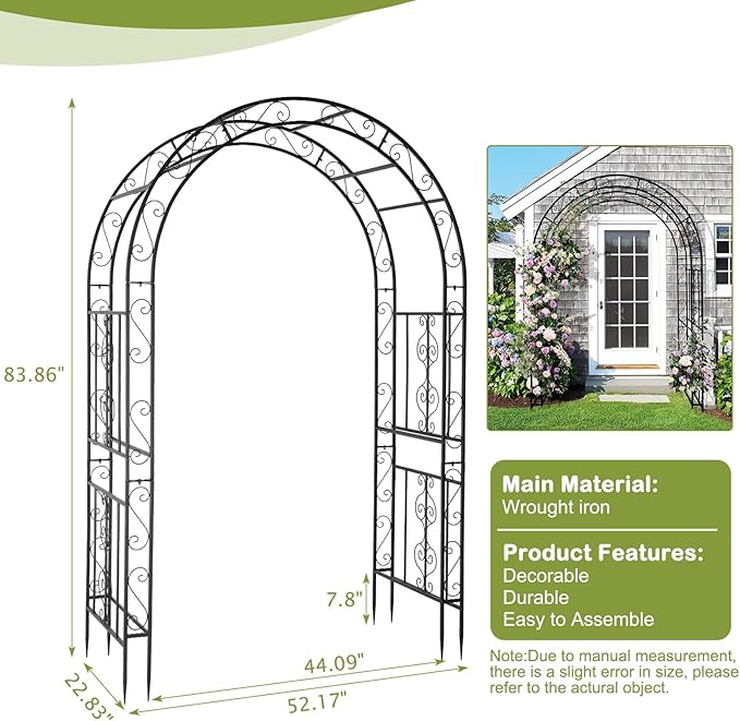 Outvita 7FT Garden Arch Arbor, Heavy Duty Metal Arbour Archway, Decorative Frame Stand Trellis with 7 Inch Ground Stakes for Wedding Ceremony Party Plant Climbing Rose Vines Lawn Courtyard Patio Black