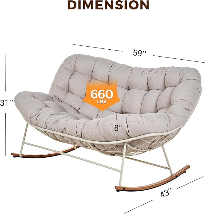 Grand patio Rocking Chair Outdoor, Oversized Rocking Chair for 2 with E-Coated Steel Frame and Thick Cushion, Comfy Papasan Loveseat Rocker for Patio Porch Deck