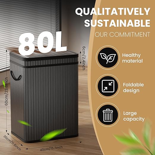 80 Liter/21 Gallon Large Trash Can with Lid, Garbage Bin Wastebasket Made of Bamboo, Outdoor Garbage Can/Waste Bin for Home, Office, Bathroom, Kitchen 24" HX15.8 WX11.8 D (Advanced Black)