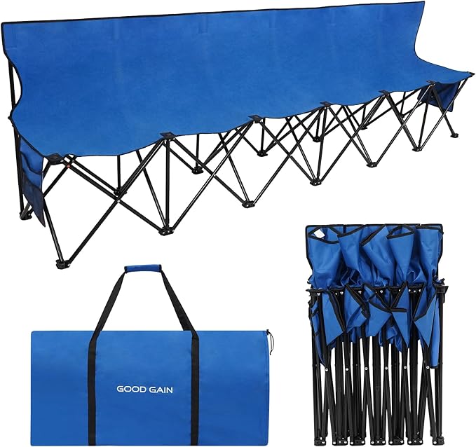 G GOOD GAIN Portable Soccer Bench - Team Bench Soccer 6 Seats with Bag, Sideline Folding Bench, Folded Chair Seating 6 for Football Camp Outdoor Sport Events, Team Chairs for Adults, Blue