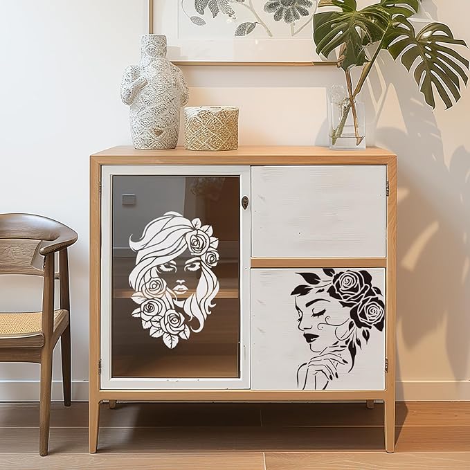 16PCS Large Woman Tree Stencils for Painting on Walls 12 x 12 Inch Giant Wall Stencil with Brushes and Binder Ring Branches Rose Flower Plastic Art Drawing Templates for Home Wall Decor