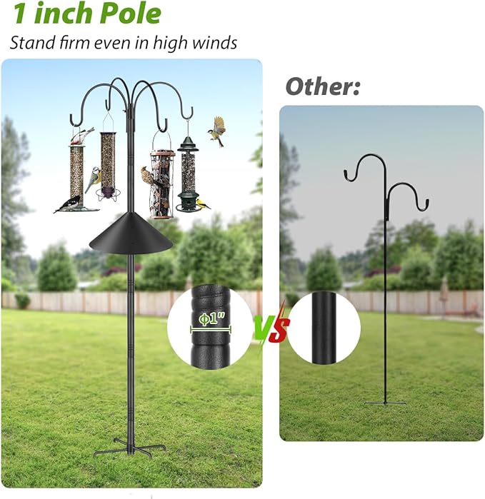 Bird Feeder Pole Stand Squirrel Proof for Outdoors Heavy Duty Shepherds Hook for Bird Feeder with Baffle, 88in Tall Double Garden Hooks for Hanging Plant Light, 1 Pack