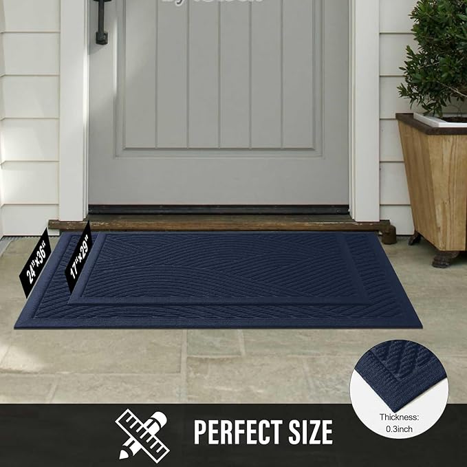 Sturdy Front Door Mat, Absorbent Muddy Dirt Resist Welcome Door Mats Outdoor Indoor, Stain and Fade Resistant, Non-Slip Backing Entry Mat Low Profile Doormat for Entryway, 29×17, Blue