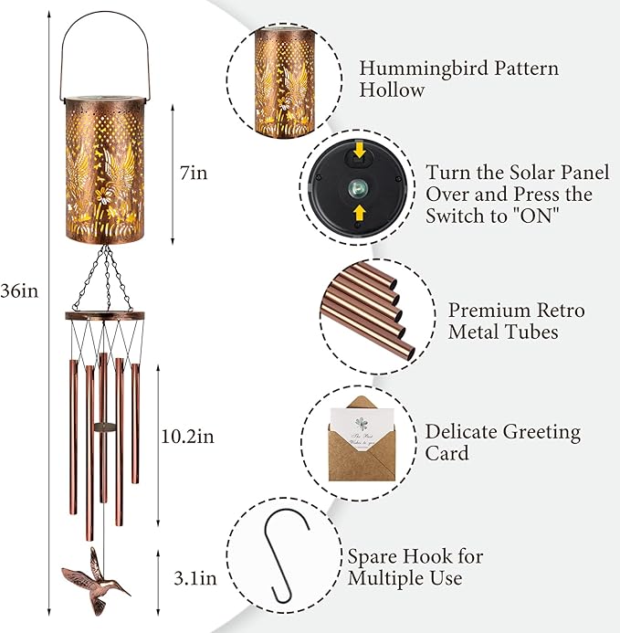 YHmall Solar Wind Chimes for Outside, Solar Lantern Windchimes Outdoors Hummingbird Gifts for Women Mom, Memorial Wind Chimes Gifts for Garden Decor