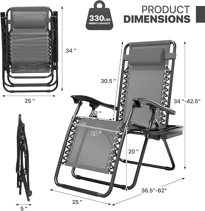 Magshion Zero Gravity Lounge Chair, Adjustable Folding Recliner with Cup Holder Side Tray & Removable Headrest Pillow, Portable Outdoor Patio Lounger for Camping, Beach, Lawn, Backyard, Grey