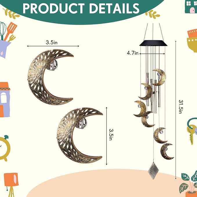 Solar Wind Chimes for Outside Waterproof Hanging Wind Chimes Lights Outdoor Decor Yard Garden Gifts for Mother Mom Grandma Wife Neighbors(Moon,Warm Colored Lights)