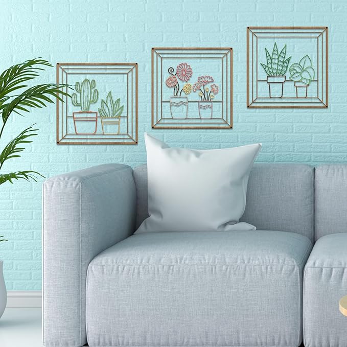 DUOOLN Metal Flowers Wall Art Decor,3Pcs Minimalism Flower in Vase Hanging Iron Hanging Picture, Modern Plant Potted Wall Sculpture Sign,Home Bedroom Bathroom Outdoor Indoor Kitchen Decoration-Color 2