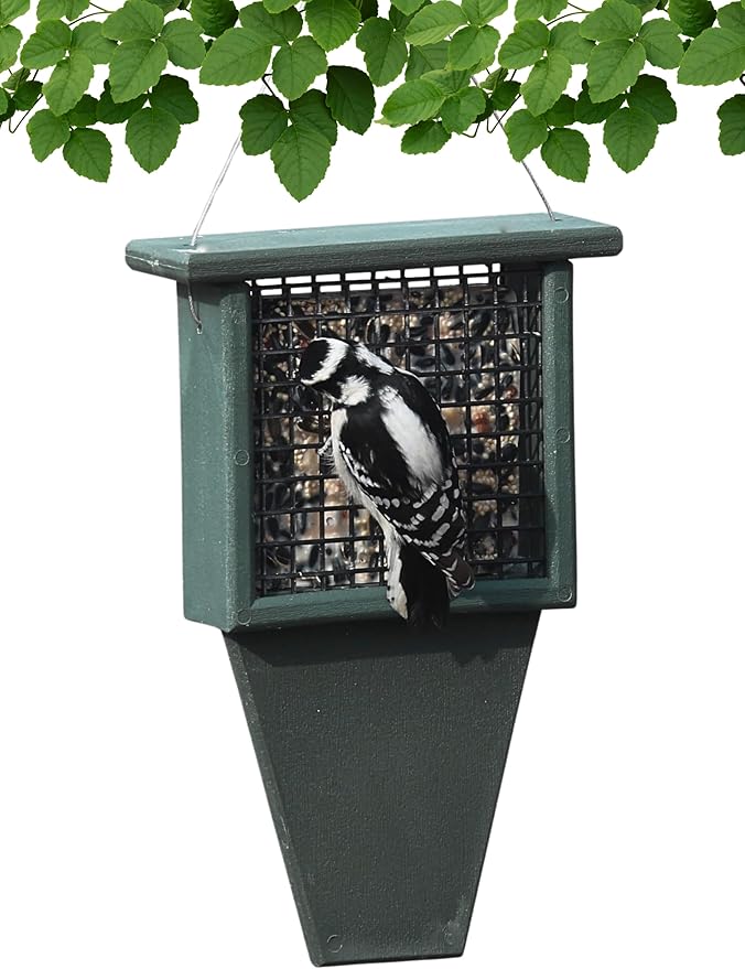 Songbird Essentials Tail Prop Suet Feeder - Recycled Plastic Bird Feeder with Coated Wire Cage for Bird Seed Cakes - Hunter Green