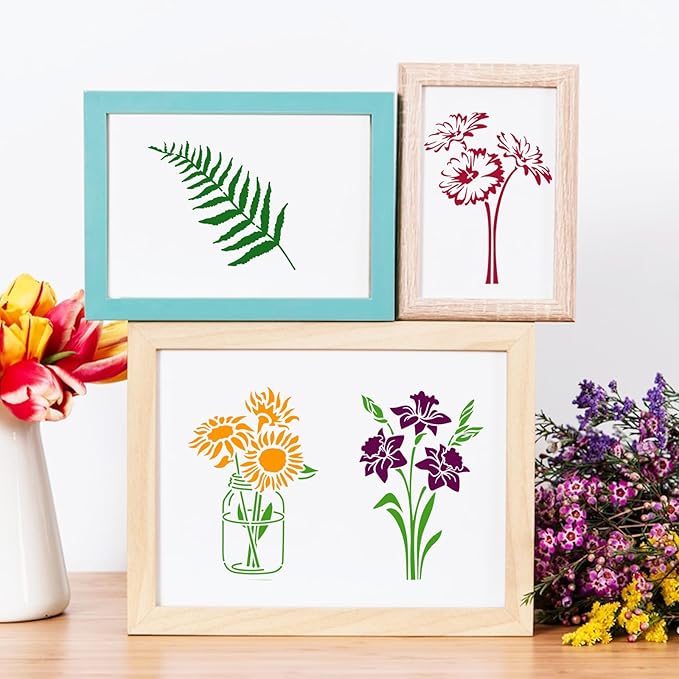12 PCS Flower Stencils Reusable Rose Sunflower Hibiscus Templates Floral Drawing Stencils for Wood Garden Fence Furniture Fabrics DIY Home Decor 7.9 x 5.1 Inch