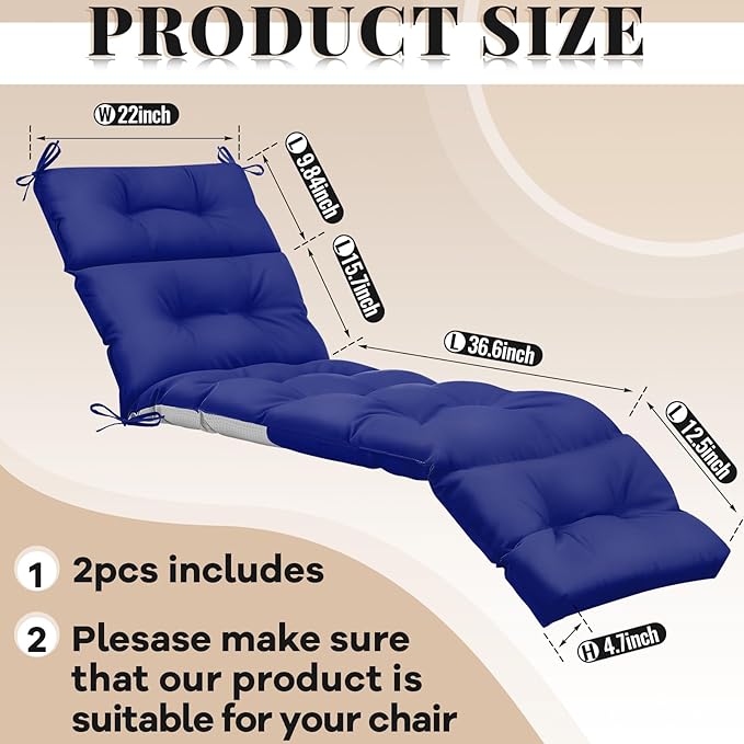 Kigley 2 Pcs Chaise Lounge Cushions 75 x 22 x 5 Inches Soft Lounge Chair Cushion Spring/Summer Seasonal Replacement for Outdoor Indoor Home Office (Dark Blue)