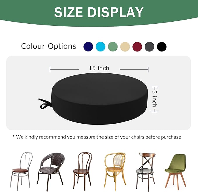 Outdoor Bistro Chair Cushions Set of 2, 15" D x 3" H Round Chair Cushions Waterproof and Fade Resistant Chair Cushion Pads with Non-Slip Ties and Removable Covers for Garden, Black