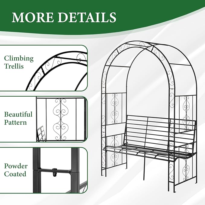VINGLI Garden Arbor Arch, Wedding Arch Archway for Ceremony Party, Durable Steel Trellis for Plant Climbing, Christmas Decorations Pergola for Backyard, Lawn, Patio, Yard (with Bench)