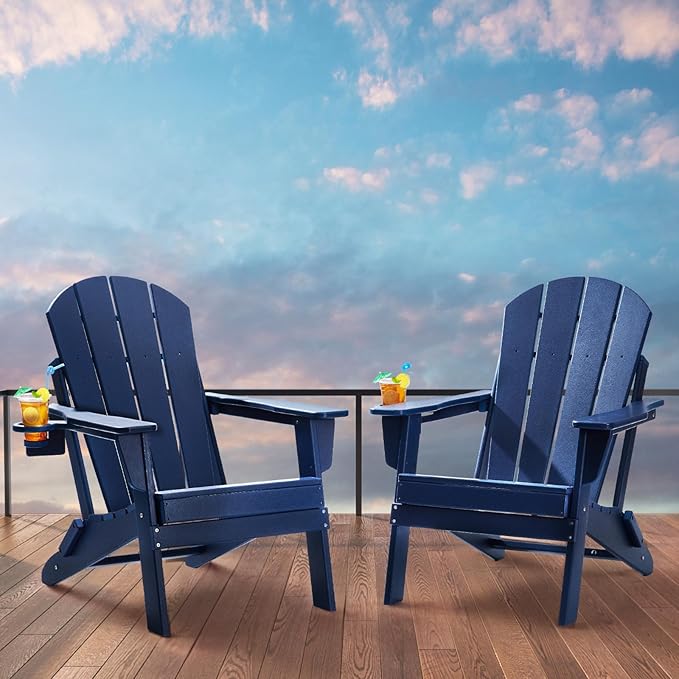 VEVOR Folding Adirondack Chairs Set of 2 with Cup Holder, All-Weather Portable Plastic Fire Pit Chair, Outdoor Adirondack Patio Chair, with Relaxing Arm Rest Ergonomic, for Garden, Backyard, Navy Blue