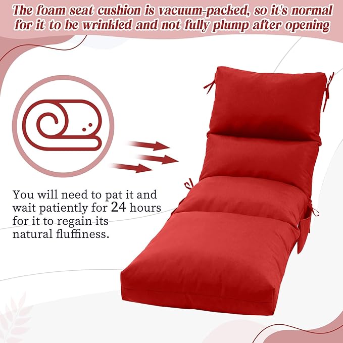 Kigley 2 Pcs Chaise Lounge Cushions, 77.9 x 20.5 x 4.7 Inch Outdoor Lounge Chair Cushions with Pocket, Thick Tufted Patio Recliner Replacement with Ties, Fade Resistant for Pool Furniture (Red)