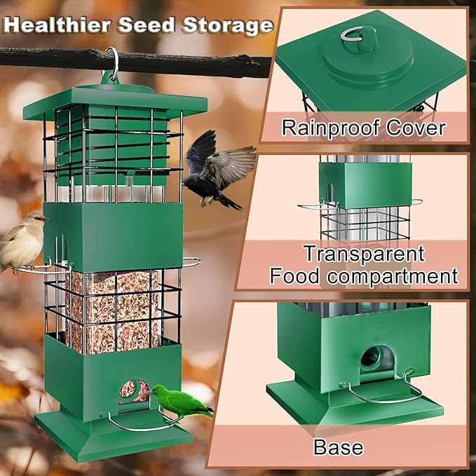 Squirrel Proof Bird Feeders for Outdoors, 3 LBS Large Birdfeeders Outside Hanging, Metal Bird Feeder with 4 Feeding Ports, Weight Activated Backyard Wild Bird Feeders for Finch, Cardinal, Bluebird