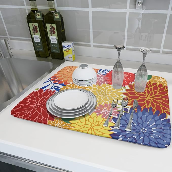 Modern Floral Dish Drying Mat Large Multicolored Tropical Drying Pad for Kitchen Counter