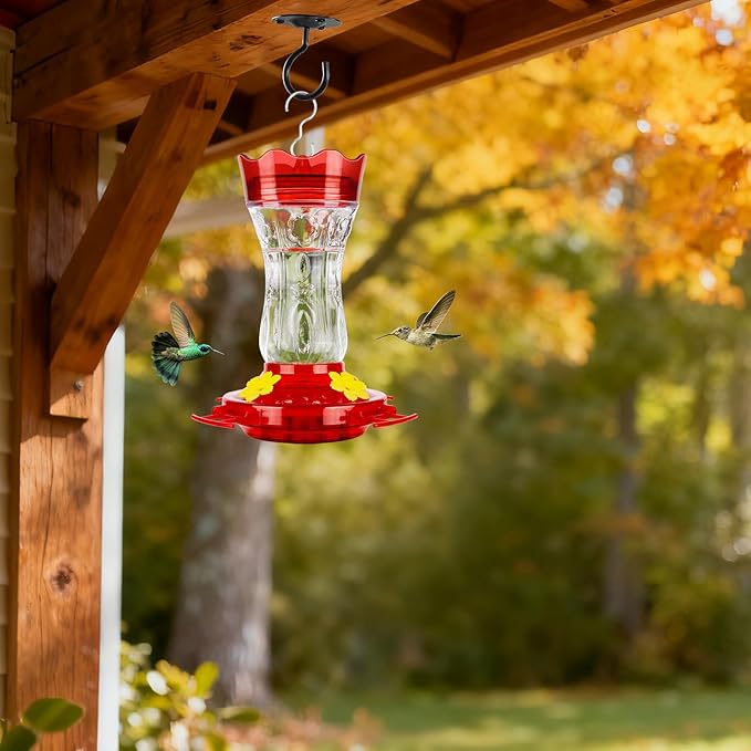 Glass Hummingbird Feeders for Outdoors, Built-in Ant Moat & Leakproof Design, XAROO Hummingbird Feeder with 4 Bee Guard Feeding Ports, 15OZ, Red, Gifts for Mom Wife Dad, Birthday Gift for Men Women
