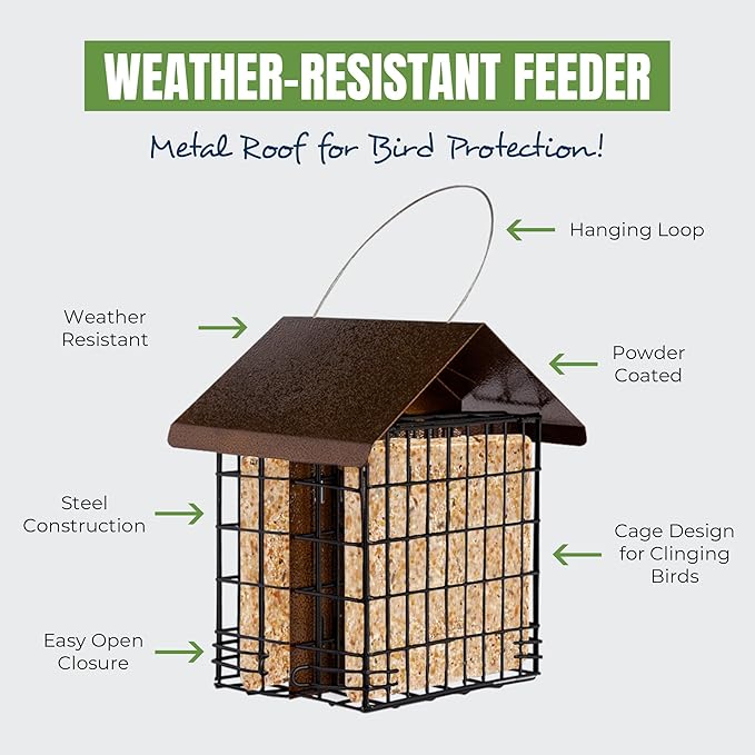 MEKKAPRO Suet Feeder for Outside Hanging Metal Roof, Woodpecker Feeder, Two Suet Bird Feeder Capacity, Cage Hanger Hanging Bird Feeder Easily Fits 2 Suet Cakes Holder - Wild Bird Feeder Basket