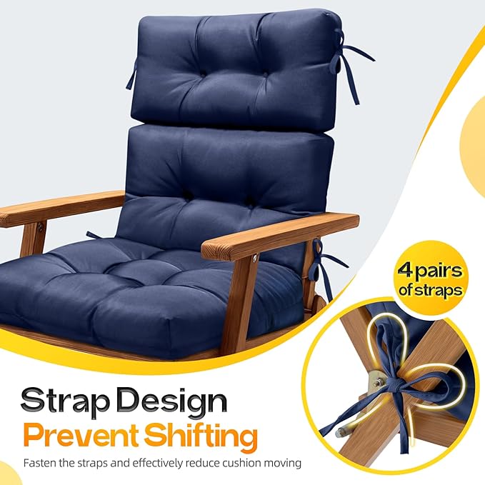 MAGIC ELEPHANT High Back Chair Cushion, Indoor Outdoor Memory Foam Chair Cushion with Ties for Adirondack and Rocking Chair, Waterproof Replacement Patio Cushion for Chair (Blue)