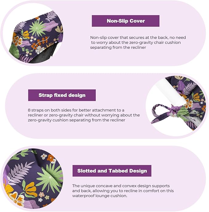 Outdoor Chaise Lounge Chair Cushion Waterproof 66 x 21 x 4 Inches Cotton Lounge Chair Cushions with Ties, Soft Thickened Lounge Chair Cushions for Indoor Outdoor Furniture (Purple Flower Leaf)