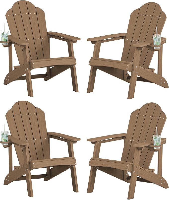 LUE BONA HDPE Adirondack Chair,Plastic Adirondack Chairs with Cup Holder Weather Resistant for Outdoor, Patio, Lawn, Garden, Backyard Deck, Fire Pit, Brown