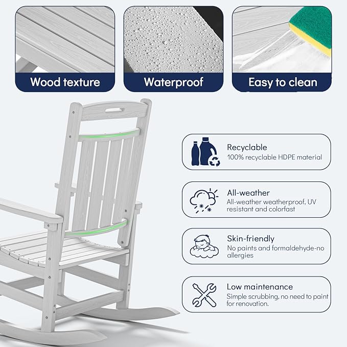 Plawdlik Oversized Outdoor Rocking Chairs 2 Pack - All-Weather HDPE Heavy Duty Patio Rockers with High Back - Modern Style for Porch, Garden - White