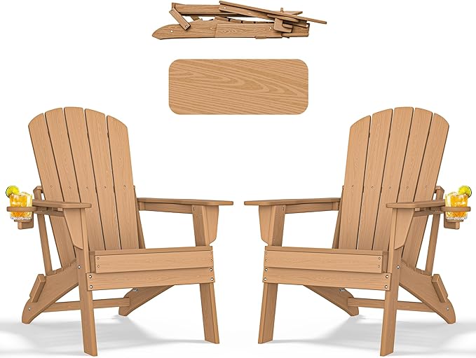 nevilywood Folding Adirondack Chair - Extended Ergonomic Backrest, Cup Holder - Easy Assembly - Durable HDPE Plastic, Weather Resistant & Maintenance-Free - Lawn, Patio, Deck Supports 380lbs Teak