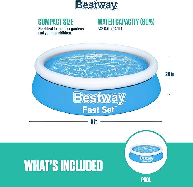 Bestway Fast Set 6 Foot x 20 Inch Round Inflatable Above Ground Outdoor Swimming Pool with 248 Water Capacity and Repair Patch, Blue (Pool Only)
